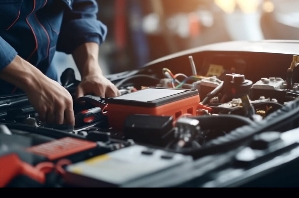 Technician Hands of car mechanic working repair in auto repair Service electric battery and Maintenance of car battery. Check the electrical system inside the car