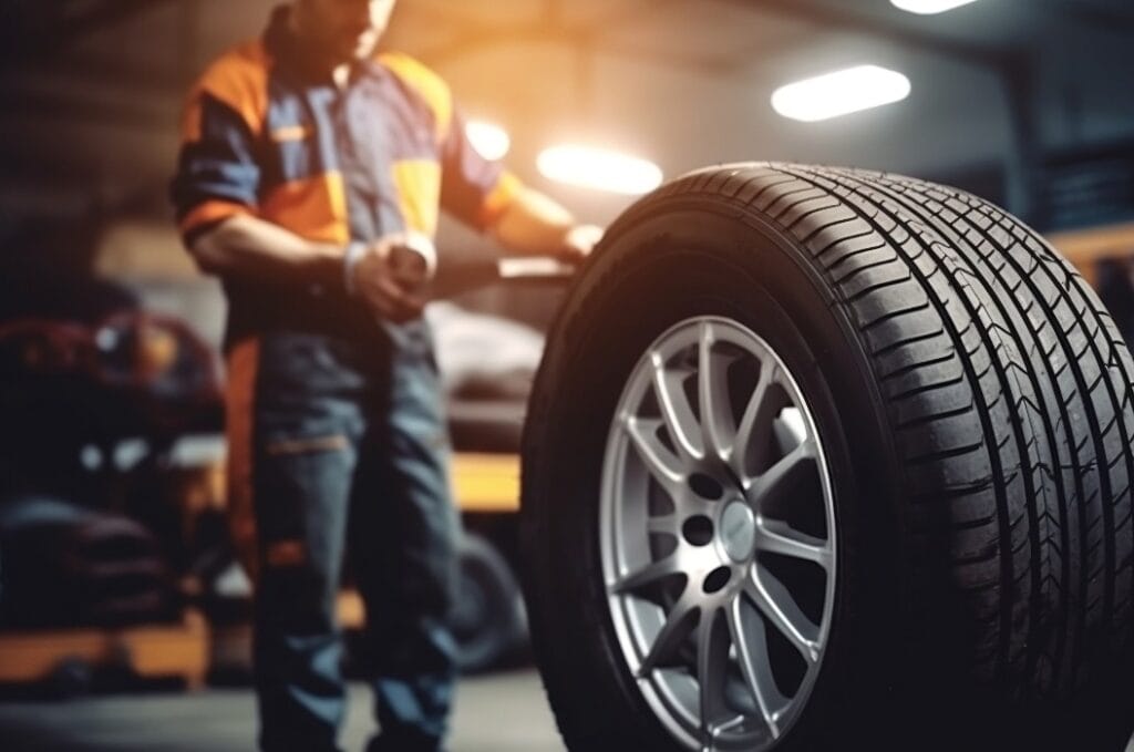 Tire at Vulcanization Repairing Service. Summer of Winter Tire Change Repair Point. Generative AI